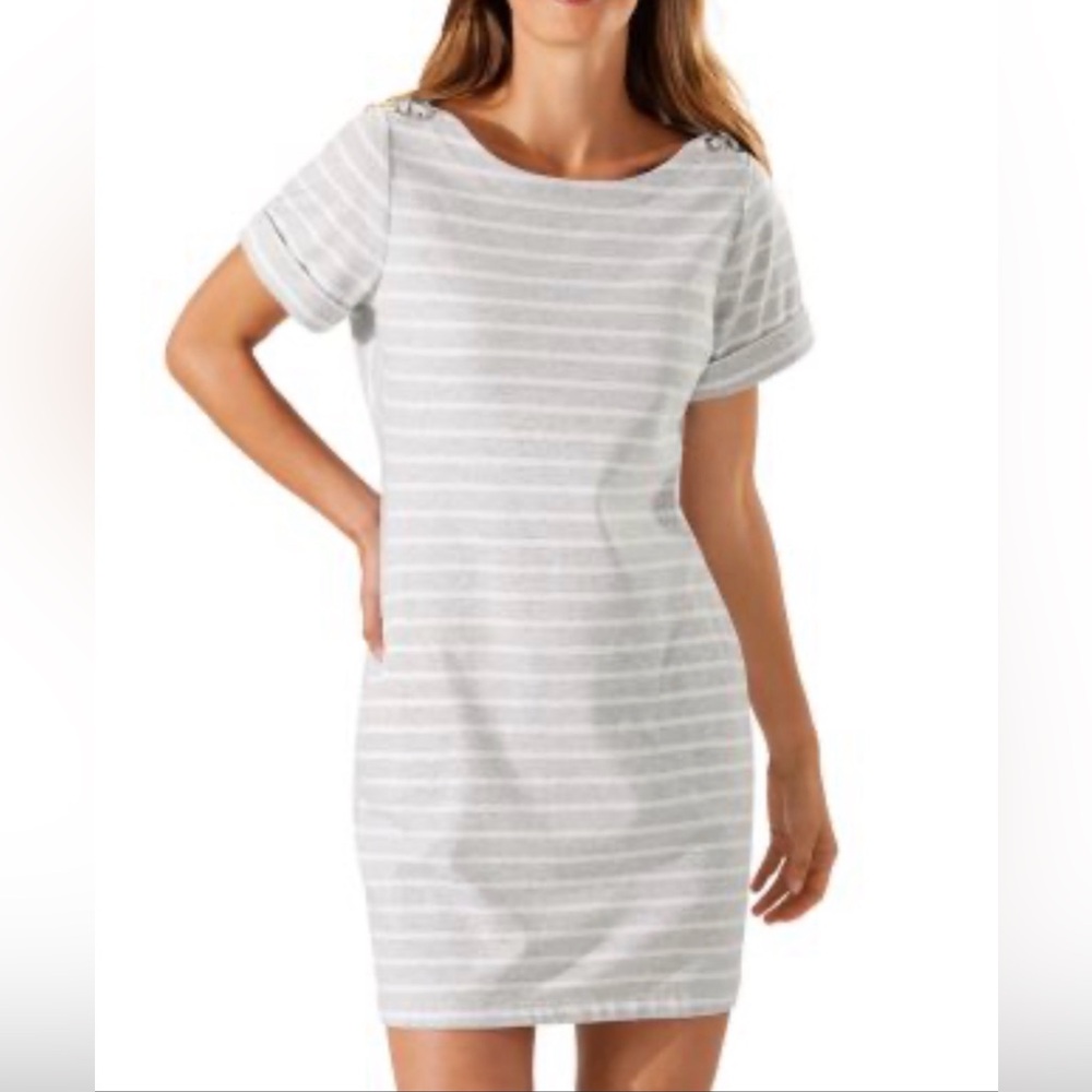 Tommy Bahama Gray and White Striped Mini Dress